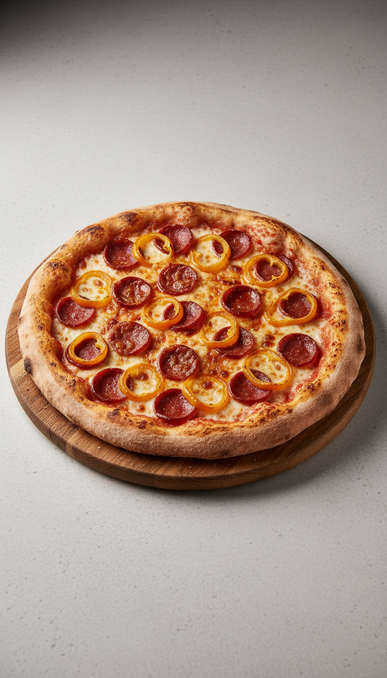 Pizza salsiccia piccante e peperoni dorati
